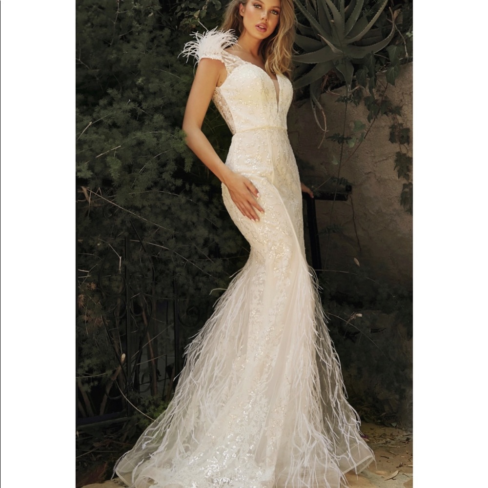 Embellished Feathered Mermaid Gown